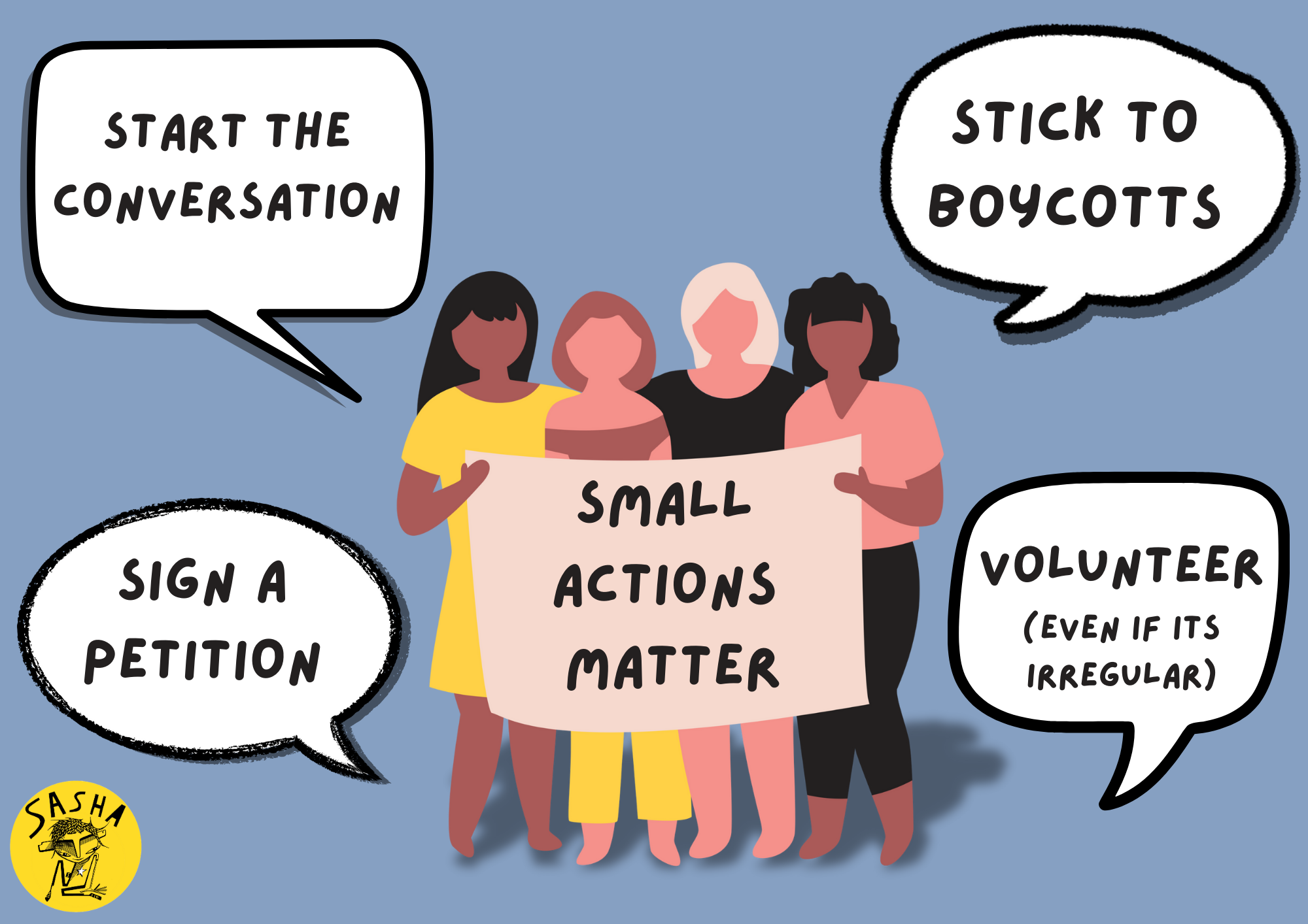 A graphic with the title 'Small Actions Matter' in the centre, surrounded by four points in speech bubbles stating: 1. Start the Conversation. 2. Stick to boycotts. 3. Sign a petition. 4. Volunteer (even if its irregular)